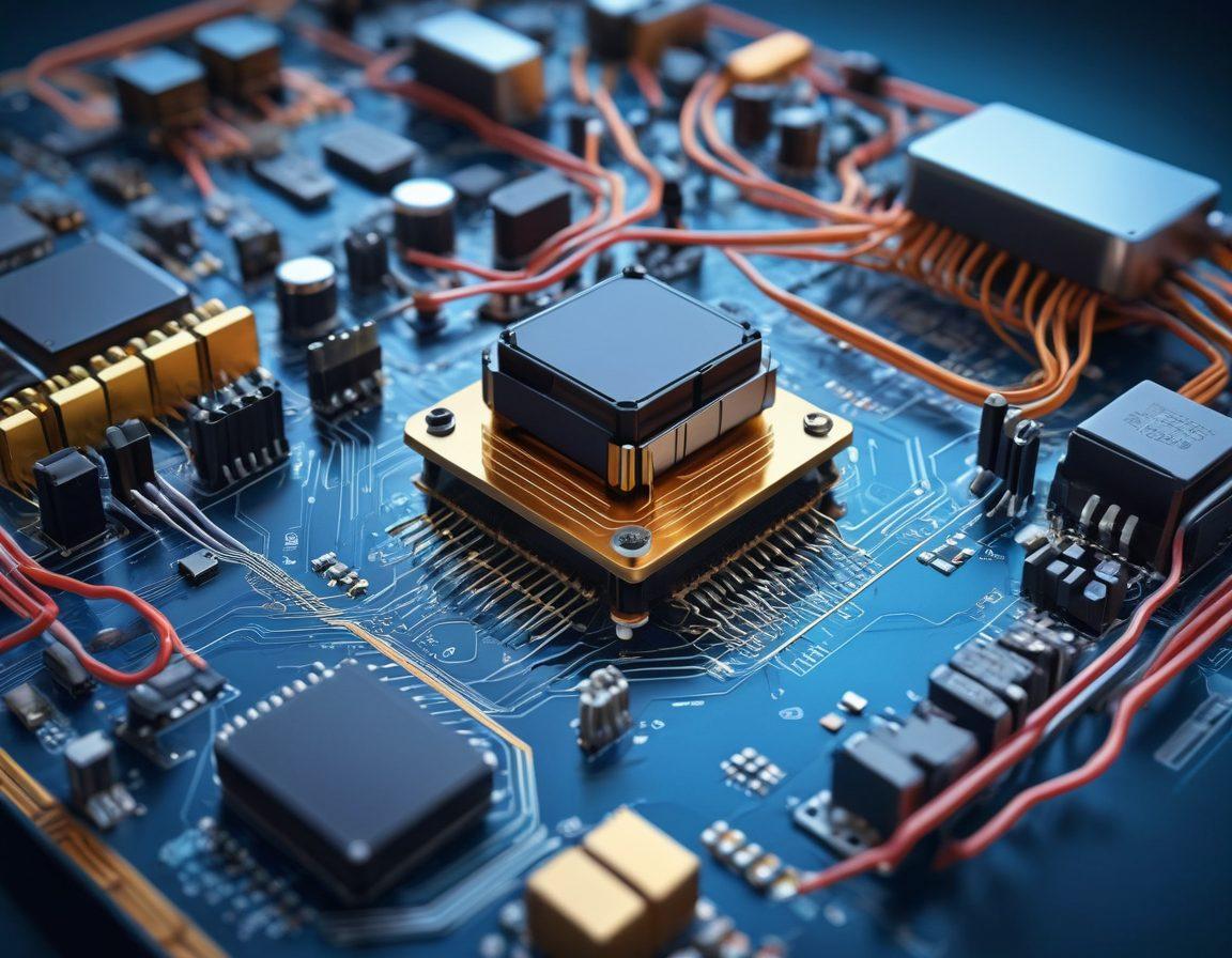A collage depicting the evolution of electronic components, featuring a vintage transistor, modern microchips, and advanced circuit systems, all interconnected with glowing lines symbolizing technological progress. The background should have a blend of blueprints and digital screens showcasing various gadgets. Emphasize a futuristic aesthetic with a hint of nostalgia. super-realistic. vibrant colors. 3D.