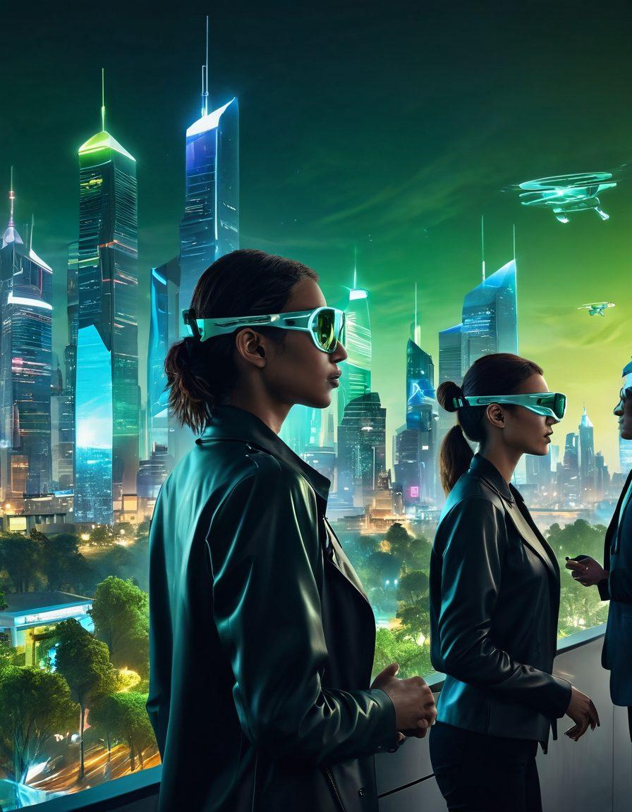 A futuristic city skyline showcasing various advanced technology devices like smart glasses, drones, and holographic displays seamlessly integrated into daily life. People interacting with these devices, with a glowing digital interface above them displaying data streams. A backdrop of lush green parks and clean energy sources, symbolizing sustainability. The atmosphere should feel vibrant and dynamic, hinting at a hopeful and innovative future. vibrant colors. 3D. cyberpunk.